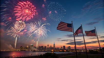 Fireworks Celebration with American Flag in the Night Sky