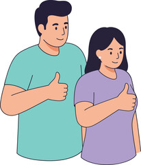 Fototapeta premium Young man and woman showing thumbs up gesture in casual clothing positive approval vector illustration