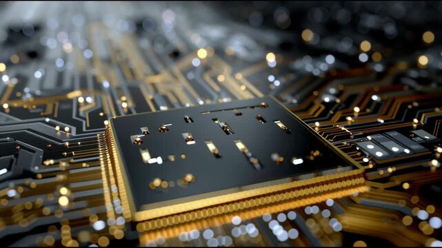 A computer chip with a gold and black design. The chip is surrounded by a black background. The design of the chip is intricate and detailed, with many small dots and lines