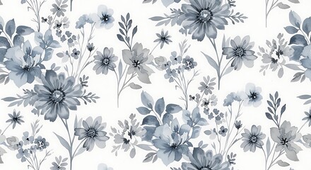 Obraz premium Elegant seamless floral pattern with watercolor blue and gray flowers and leaves on a white