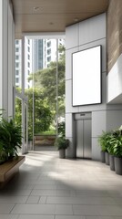 Modern interior of a building featuring natural light, greenery, and a blank advertising space, creating a serene atmosphere.