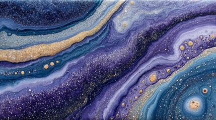an abstract painting with flowing, wavy lines in shades of blue, purple, and gold. The artwork includes sparkling details, giving it a cosmic or starry appearance.