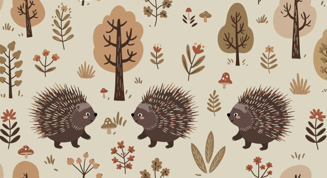 Whimsical Forest Pattern: A delightful pattern showcasing charming hedgehogs, amidst stylized trees, flowers, and mushrooms, evoking a sense of enchantment and the serenity of the forest.
