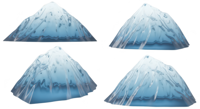 Four isolated cartoon ice mountains rendered with stylized water textures without people or objects in the background suitable for game assets