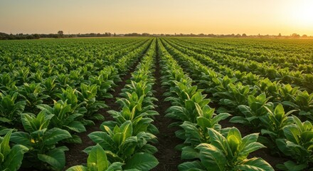 Lush rows of vibrant green tobacco plants stretch across a vast field under a warm sunset, showcasing the agricultural landscape at golden hour