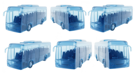 Blue transparent bus models displayed at various angles against a white backdrop used to illustrate vehicle concepts or transportation