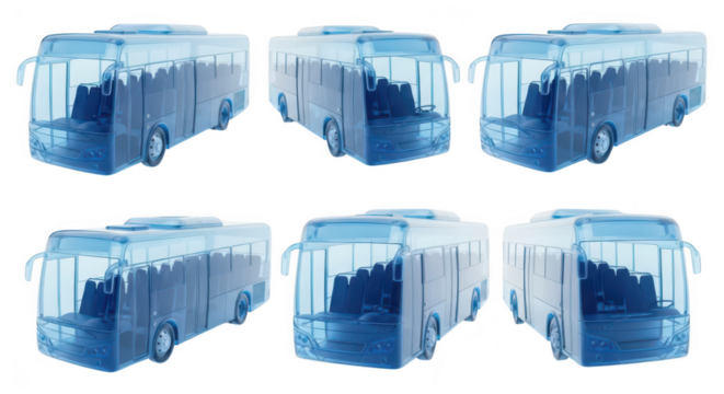 Blue transparent bus models displayed at various angles against a white backdrop used to illustrate vehicle concepts or transportation