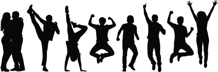 Silhouettes of people dancing, jumping, kicking, celebrating, in motion, expressive poses for fitness, performance, lifestyle, action, energy concept