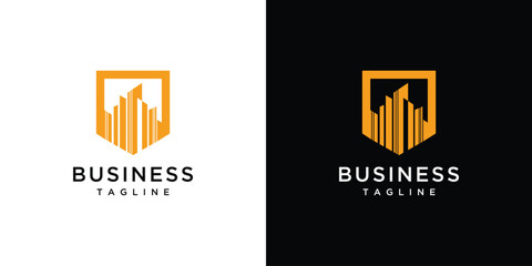 Building shield logo design template. Building real estate shield logo design.