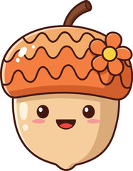 Cute acorn with orange cap and flower kawaii style vector illustration for autumn and nature design
