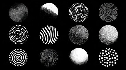 Diverse black and white abstract circular patterns on black background