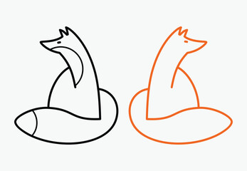 Two silhouettes of a sitting fox with a line, orange and black, each on a separate layer. Modern logo, emblem, badge, label Fox. Vector illustration isolated on light gray background.