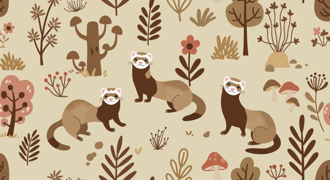 Ferret Harmony in Nature: A charming illustration depicts several ferrets frolicking amidst a detailed, organic setting featuring plants and stylized trees.