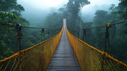 Long suspended wooden bridge in misty tropical rainforest jungle