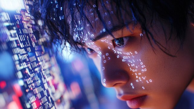 Ultra-realistic digital human face dissolving into numbers and code with an ethereal glow in a tech-inspired setting. Data scientist