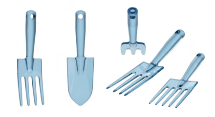 Blue transparent garden tools including a trowel and fork are arranged on a white background perfect for gardening or landscaping imagery