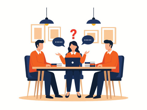 A confused woman with a question mark shrugging between two men during a difficult business meeting.