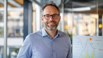 Confident business analyst presenting digital dashboard in modern glass office with financial graphs and cityscape background. Data scientist