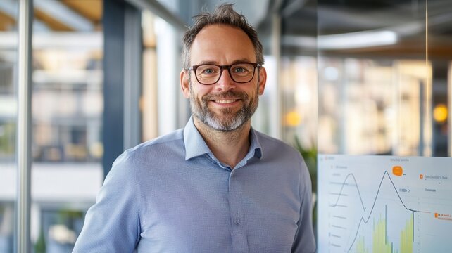 Confident business analyst presenting digital dashboard in modern glass office with financial graphs and cityscape background. Data scientist - Powered by Adobe