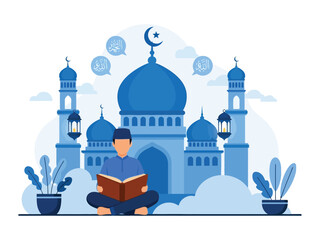 A Muslim man sits cross-legged reading the holy Quran in front of a large blue mosque.