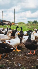 Obraz premium Flock of ducks in lush green farm setting with mixed breeds and colors