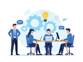 A business team collaborates in an office, brainstorming new ideas with laptops and a manager overseeing the process.