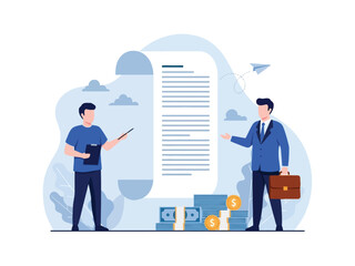 Two businessmen finalizing a business contract agreement, standing beside a large document and stacks of money.