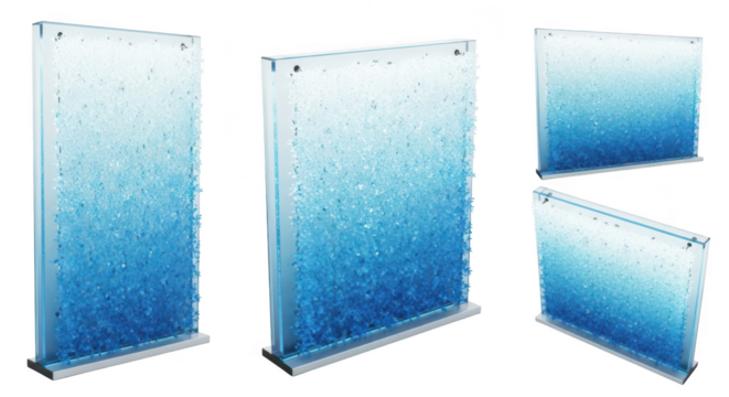 Glass panels filled with blue water static modern interior design abstract backgrounds ideal for artistic installations or visual effects