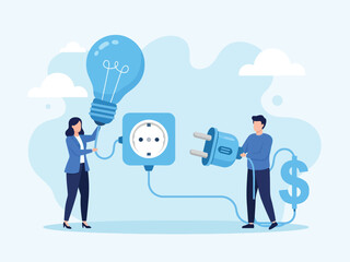 Man and woman connecting a plug to a socket, illustrating the concept of electricity costs and energy consumption.