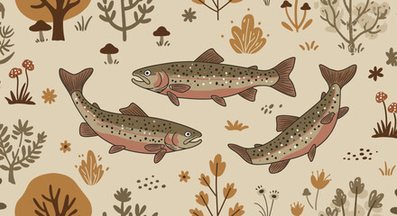 Trout Swimming Among Plants and Mushrooms: An illustration of trout swimming gracefully amidst a whimsical scene of flora and fungi, evoking a sense of nature's tranquility.