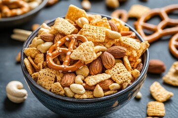 Obraz premium Delicious Snack Bowl with Nuts, Pretzels, and Crunchy Cereals