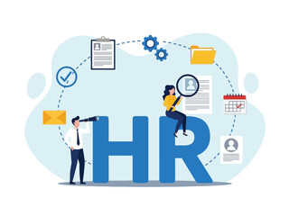 Conceptual illustration of Human Resources management with professionals and process icons.