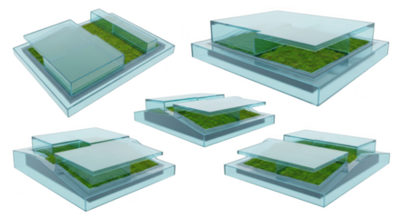 Modern architectural models of glass buildings showcasing design variations on grass isolated for concept visualization