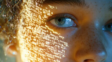 Digital human face dissolving into streams of numbers and binary code representing AI and analytics. Data scientist