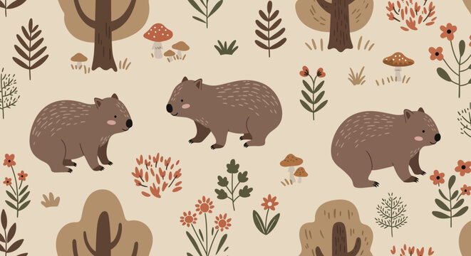 Cute Wombats and Forest Pattern: An adorable pattern features cute wombats. It's perfect for nature lovers.
