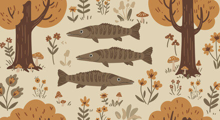 Fish in Forest Illustration: Charming digital illustration showcasing fish set in a delightful, whimsical forest. The playful design invites the viewer into a dreamscape filled with flora and fauna.