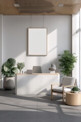 Modern office interior featuring natural light, plants, and minimalistic furniture, perfect for a creative workspace.