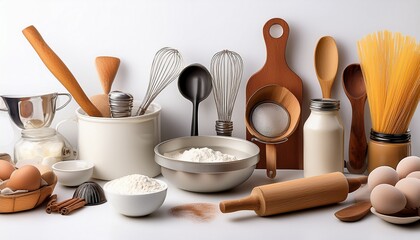 essential baking supplies and kitchen utensils on a white background
