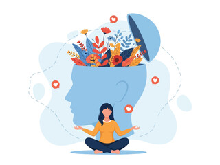 A woman meditates, cultivating positive thoughts and mental well-being, symbolized by flowers growing from an open mind.