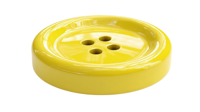 Yellow shiny button with four holes isolated on white