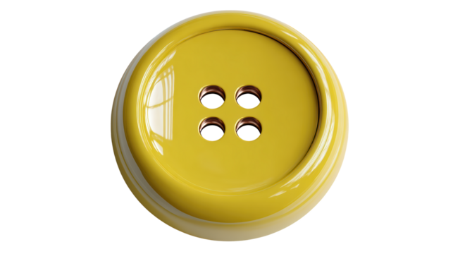 Yellow button with four holes and shiny surface