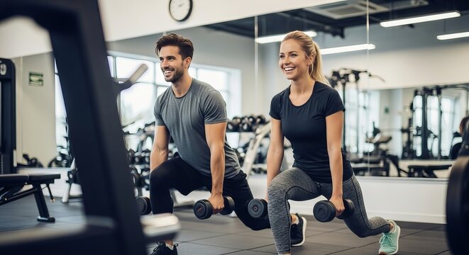 Happy athletic couple exercising with hand weights in lunge position in gym.