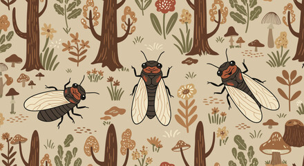 Cicada Garden Illustration: A whimsical illustration features stylized cicadas set against a backdrop of floral patterns and a touch of nature, creating a captivating decorative composition.