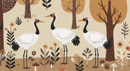 Crane trio in the wild: An artistic presentation of a trio of elegant cranes in a tranquil forest, surrounded by whimsical flora and fauna, capturing the essence of natural serenity.