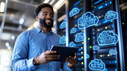 Cloud infrastructure engineer standing confidently in a server room with digital cloud icons and data overlays. Data scientist