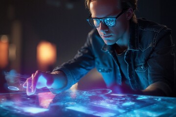 Futuristic interface interaction by young developer using augmented reality touchscreens in dark tech environment – digital innovation and high-tech concept

