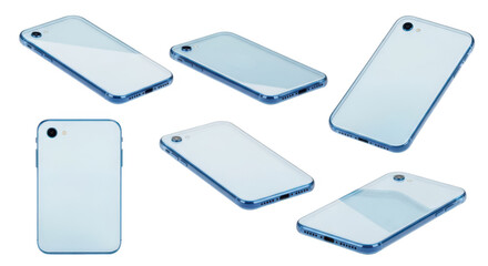 Several light-blue phones are levitating against a white backdrop showcasing design and product concept