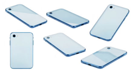Several light-blue phones are levitating against a white backdrop showcasing design and product concept