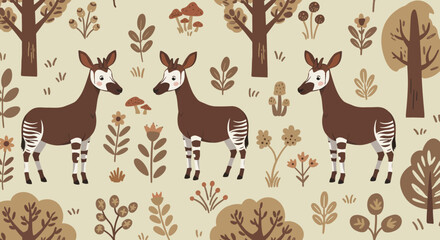 Okapi Trio: A harmonious collection of Okapis, set within a whimsical forest landscape, exuding a blend of wild charm.