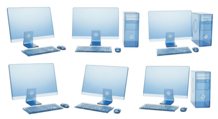 Blue transparent computer sets displayed in rows illustrating digital technology on white backdrop usable for concepts and designs